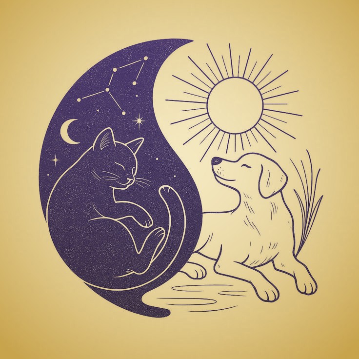 Ilustración de un gatito y un perrito, la luna y el sol